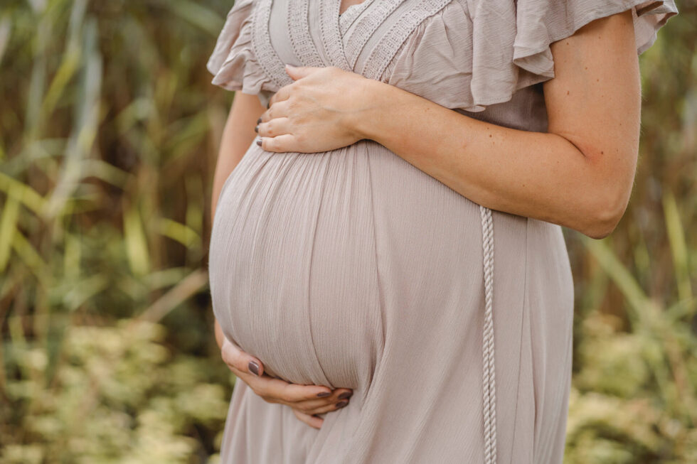 Ein Babybauch, der von den zwei Händen der Schwangeren gehalten wird